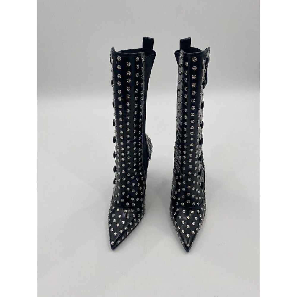 Alexander McQueen Embellished Leather Pointed Toe Mid Calf Boots Size 38 1/2